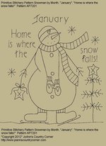 Primitive Stitchery Pattern,Snowman By Month January, "Home is where the snow falls!"