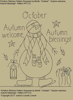 Primitive Stitchery Pattern Snowman by Month October, "Autumn welcome, Autumn blessings!"